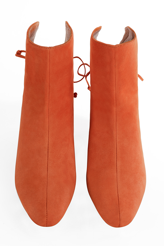 Clementine orange women's ankle boots with laces at the back. Round toe. Low flare heels. Top view - Florence KOOIJMAN